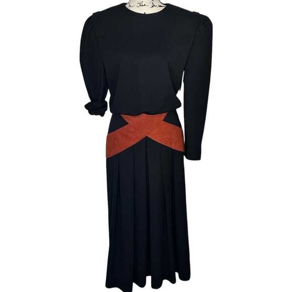 Leslie Faye Black & Copper Midi Length Vintage Dress Size 14 Excellent Condition - Picture 2 of 7